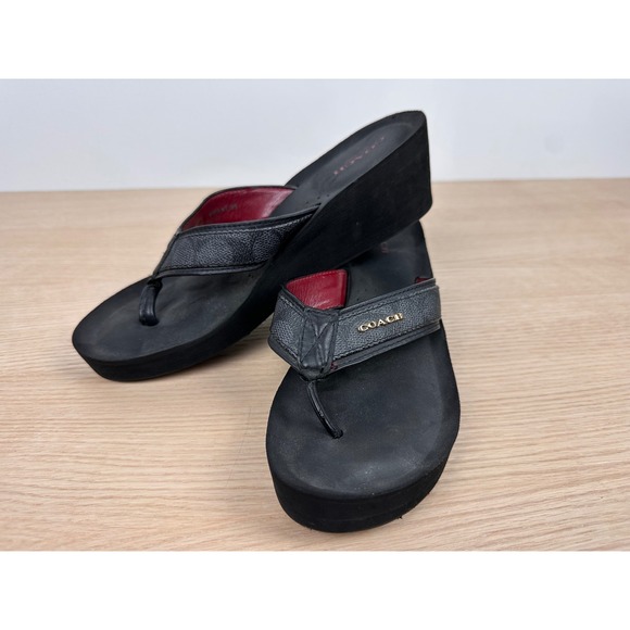 Coach Shoes - Coach Black Leather Wedge Thong Sandals Platform Flip Flops Women's 8